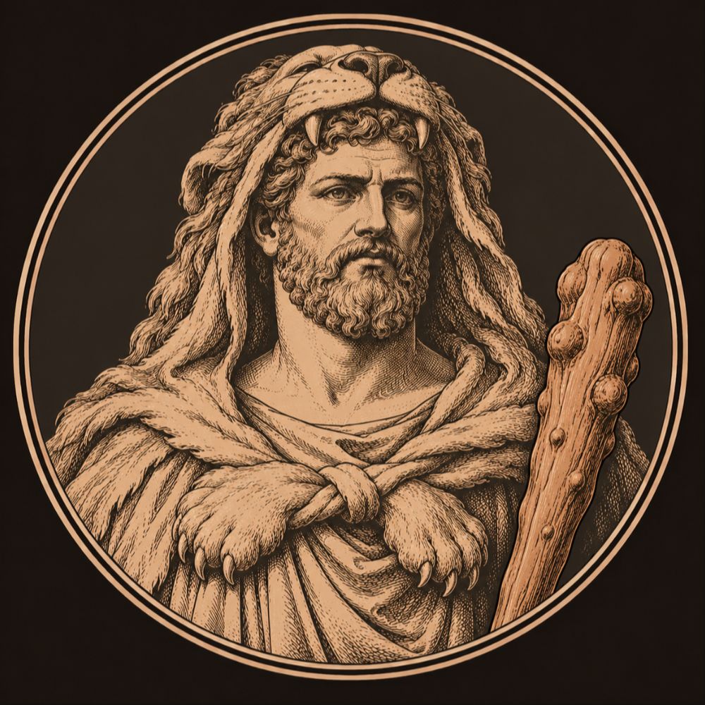 Engraved bronze medallion of Hercules, a bearded man with a lion skin over his head, its paws knotted on his chest, beside a knotted club
