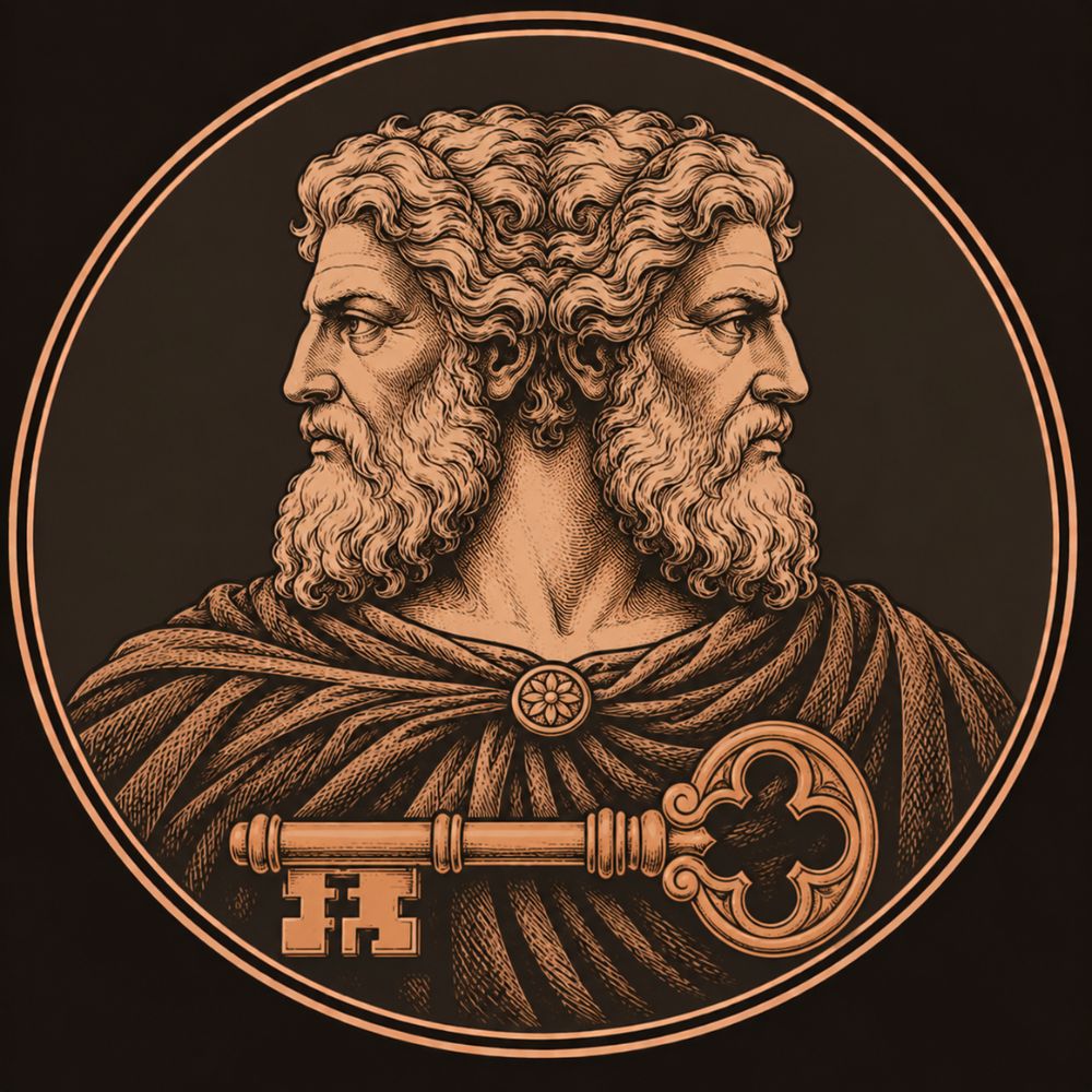 Engraved bronze medallion of Janus, a two-faced bearded head looking left and right, with a large bronze key before him