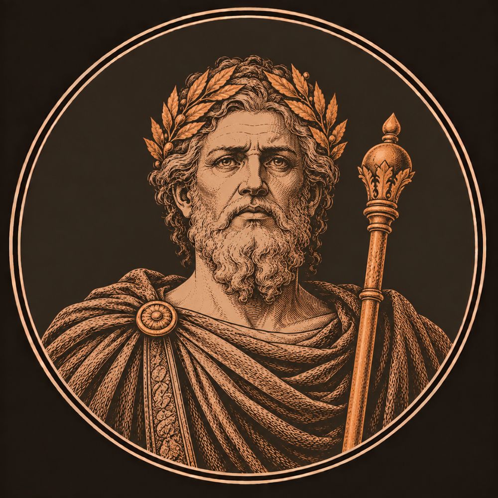 Engraved bronze medallion of Latinus, an old grey-bearded king of Latium in a laurel crown, a bronze royal sceptre upright beside him