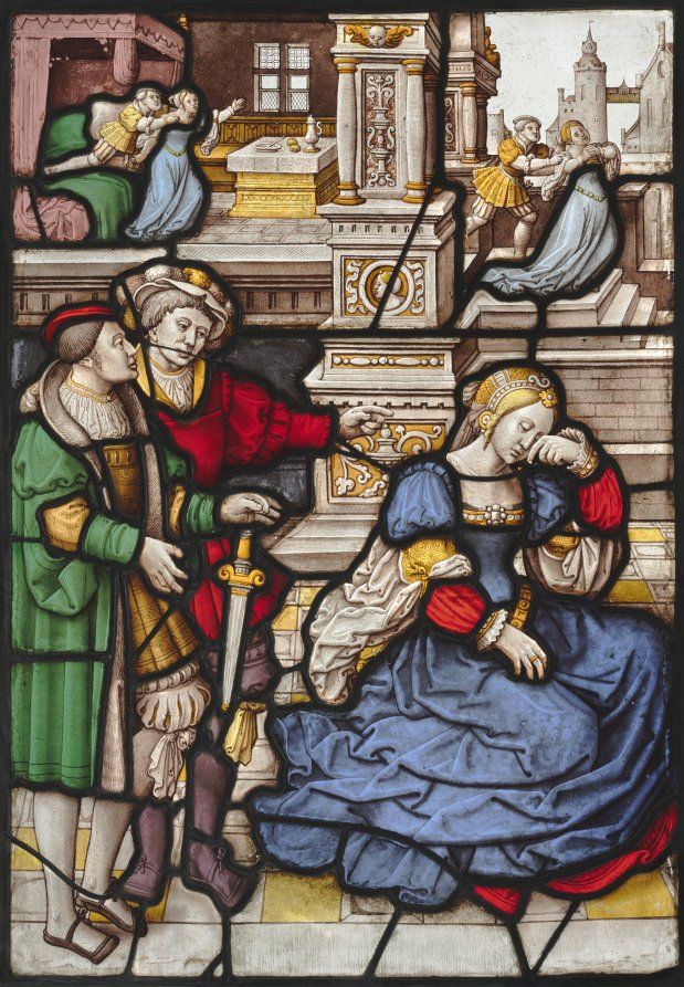 The Story of Lucretia. Netherlands, Nijmegen, 16th century, c. 1530, pot-metal and white glass, silver stain and sanguine