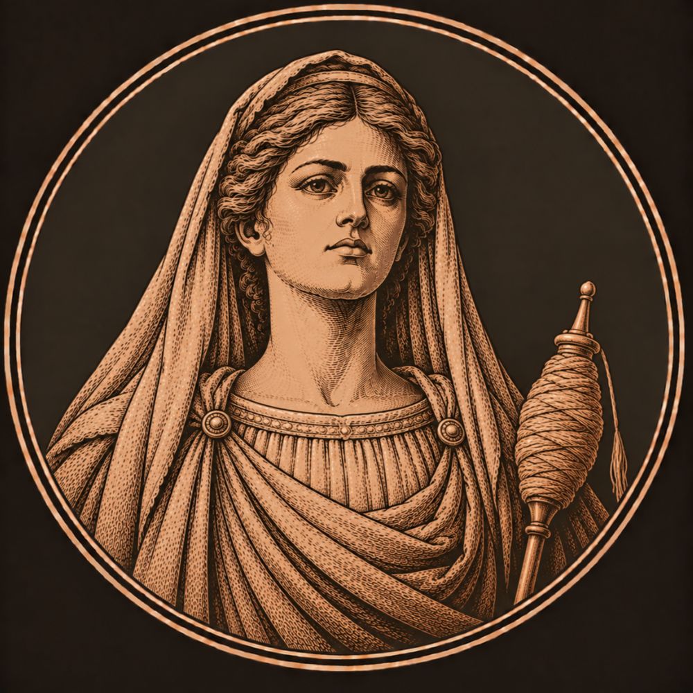 Engraved bronze medallion of Lucretia, a composed young Roman matron with a palla over her hair, beside a spindle wound with wool