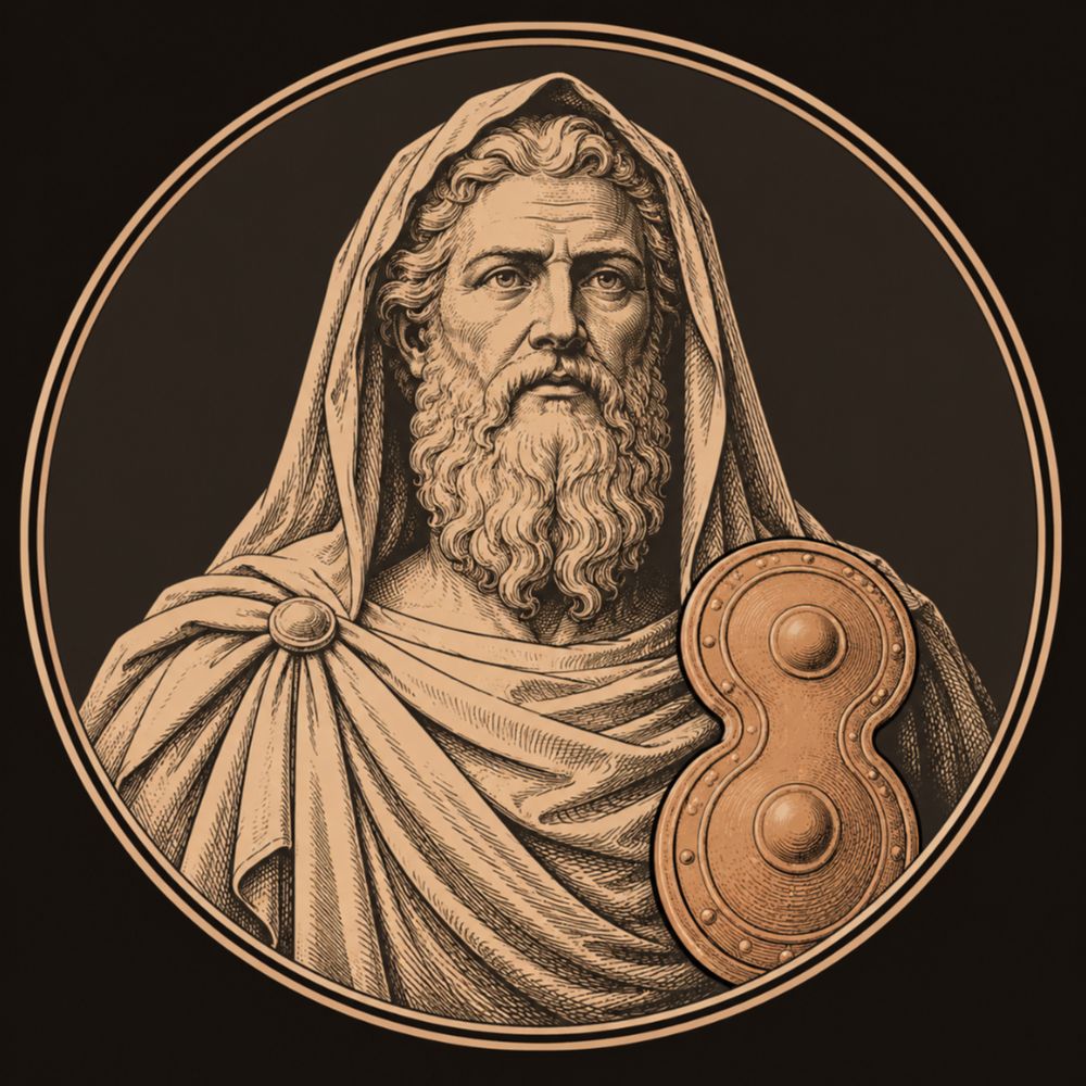 Engraved bronze medallion of Numa Pompilius, a long-bearded king with his toga drawn over his head, beside a figure-eight shield