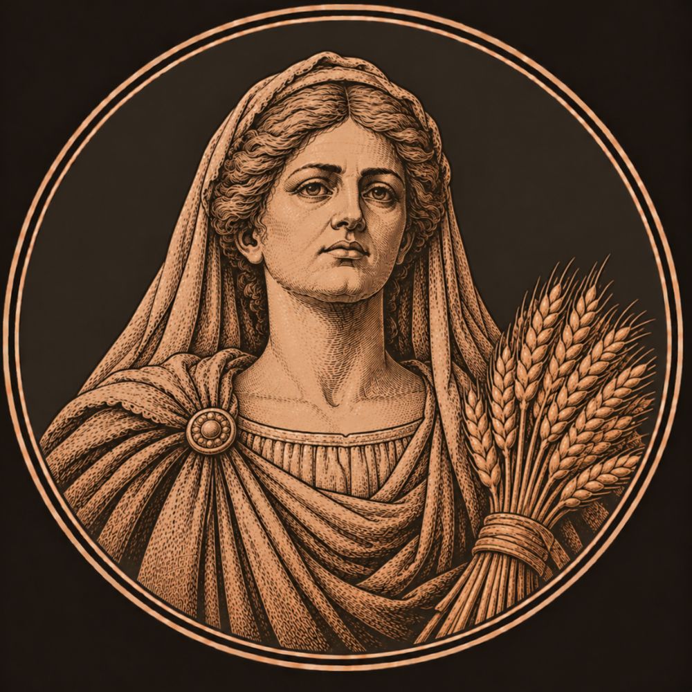 Engraved bronze medallion of Ops, a grave, matronly veiled woman in a heavy mantle, with a tied bundle of ripe wheat ears beside her