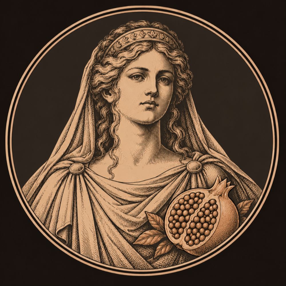 Engraved bronze medallion of Proserpina, a veiled young woman with a leafy diadem, beside a split pomegranate full of seeds