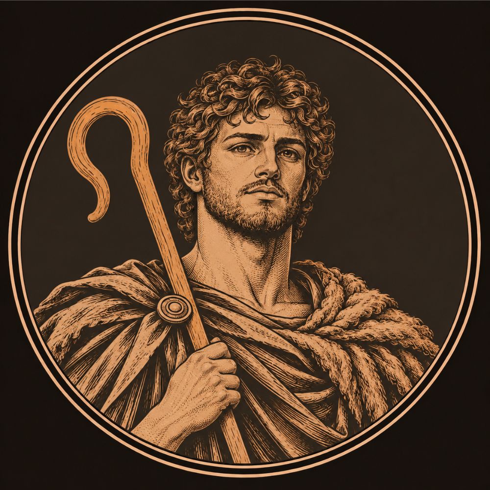 Engraved bronze medallion of Remus, a curly-haired young man in a rough herdsman's cloak, holding a bronze crook against his shoulder