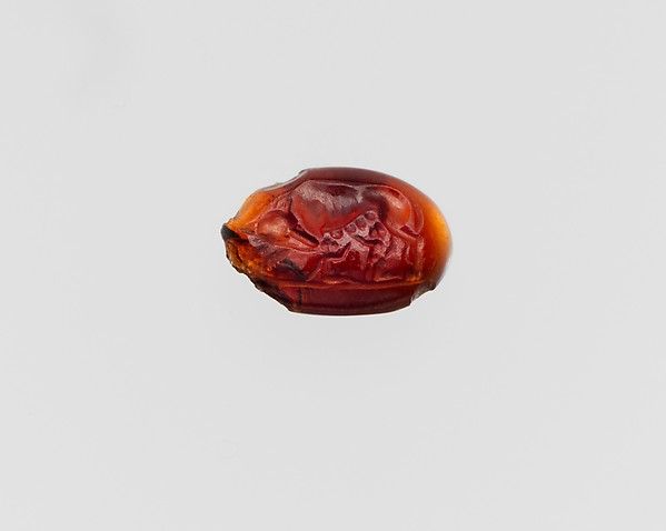 Garnet intaglio: Romulus, Remus, and the She-Wolf. Roman, 2nd century BCE–3rd century CE, Garnet