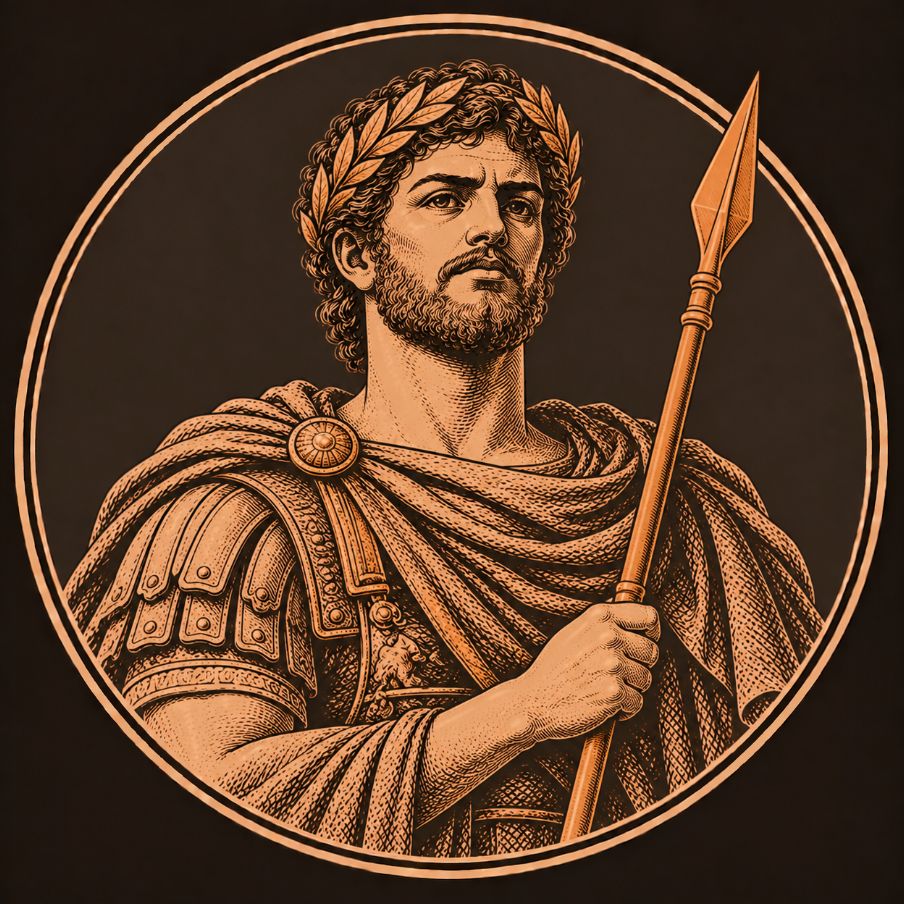 Engraved bronze medallion of Romulus, founder of Rome, a laurel-crowned bearded man in a cuirass and cloak holding an upright spear
