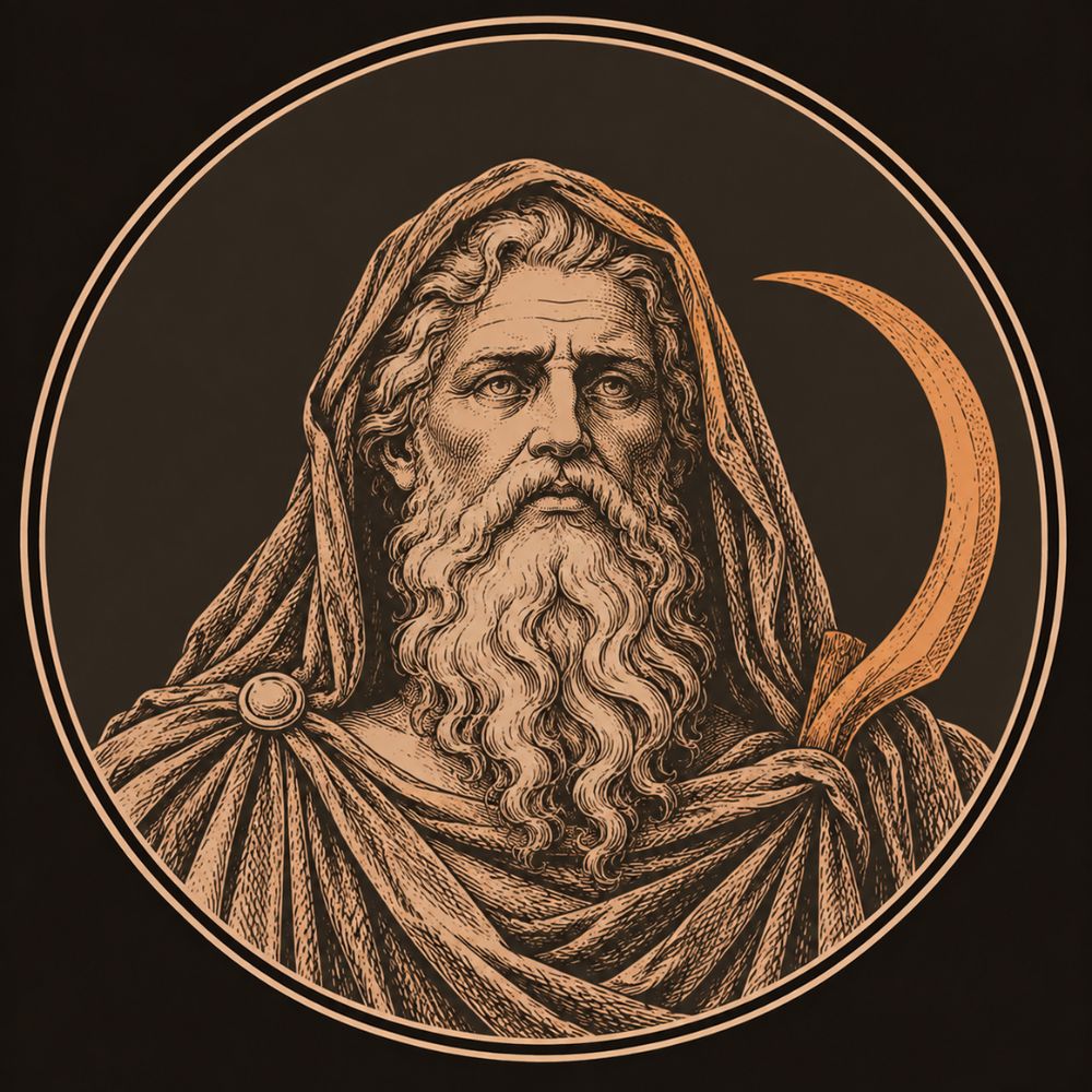 Engraved bronze medallion of Saturn, a long-bearded old god with his cloak drawn over his head, a bronze harvest sickle rising beside him