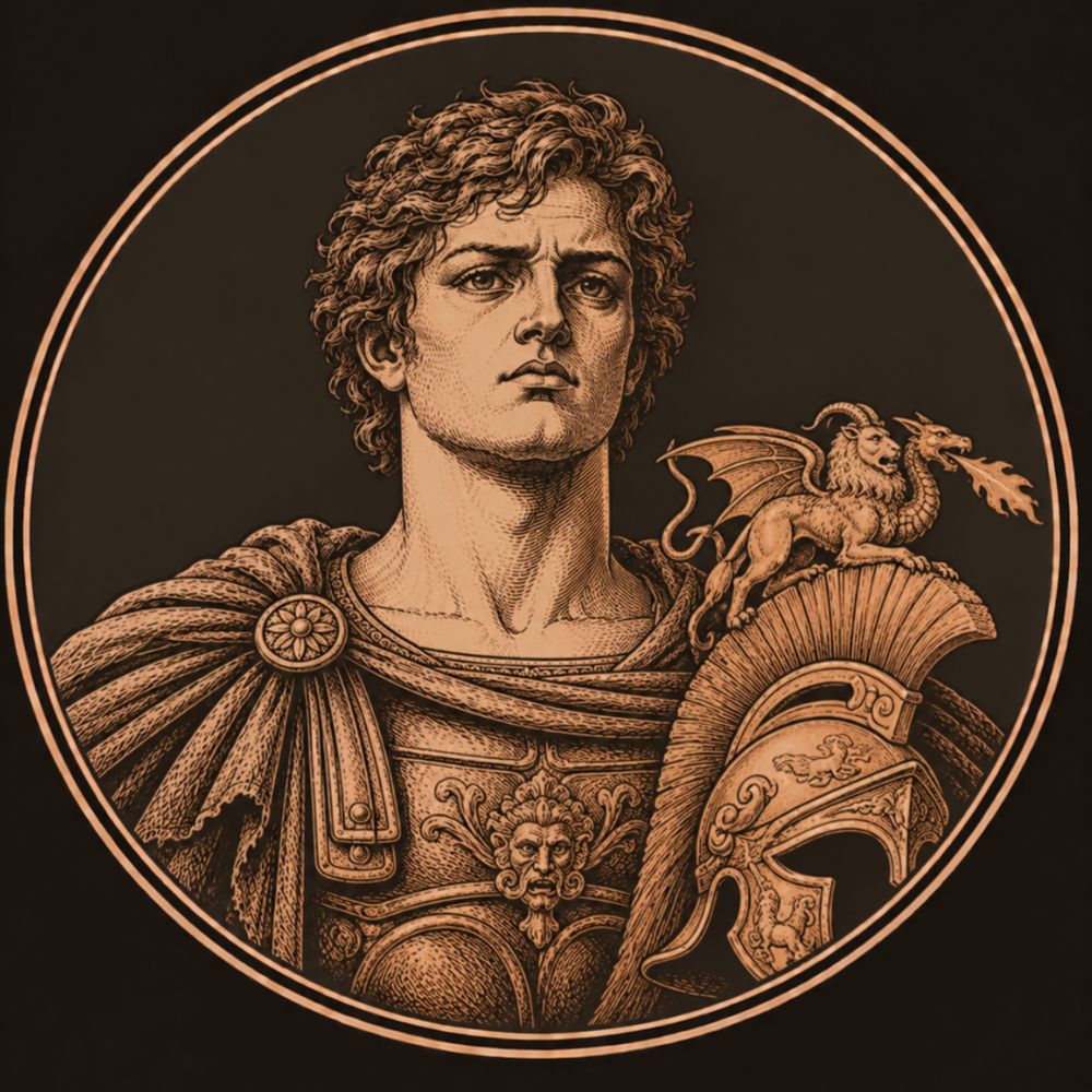 Engraved bronze medallion of Turnus, a young beardless warrior in a cuirass, with his Chimaera-crested helmet beside him