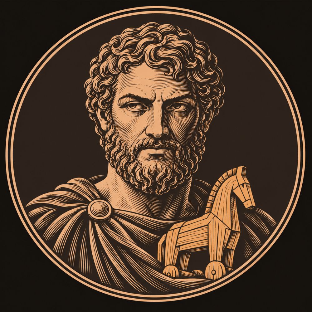 Bearded man in a forward-facing bust with short curled hair and a watchful, narrowed gaze, a small solid bronze carved horse held at his chest inside a dark circular medallion