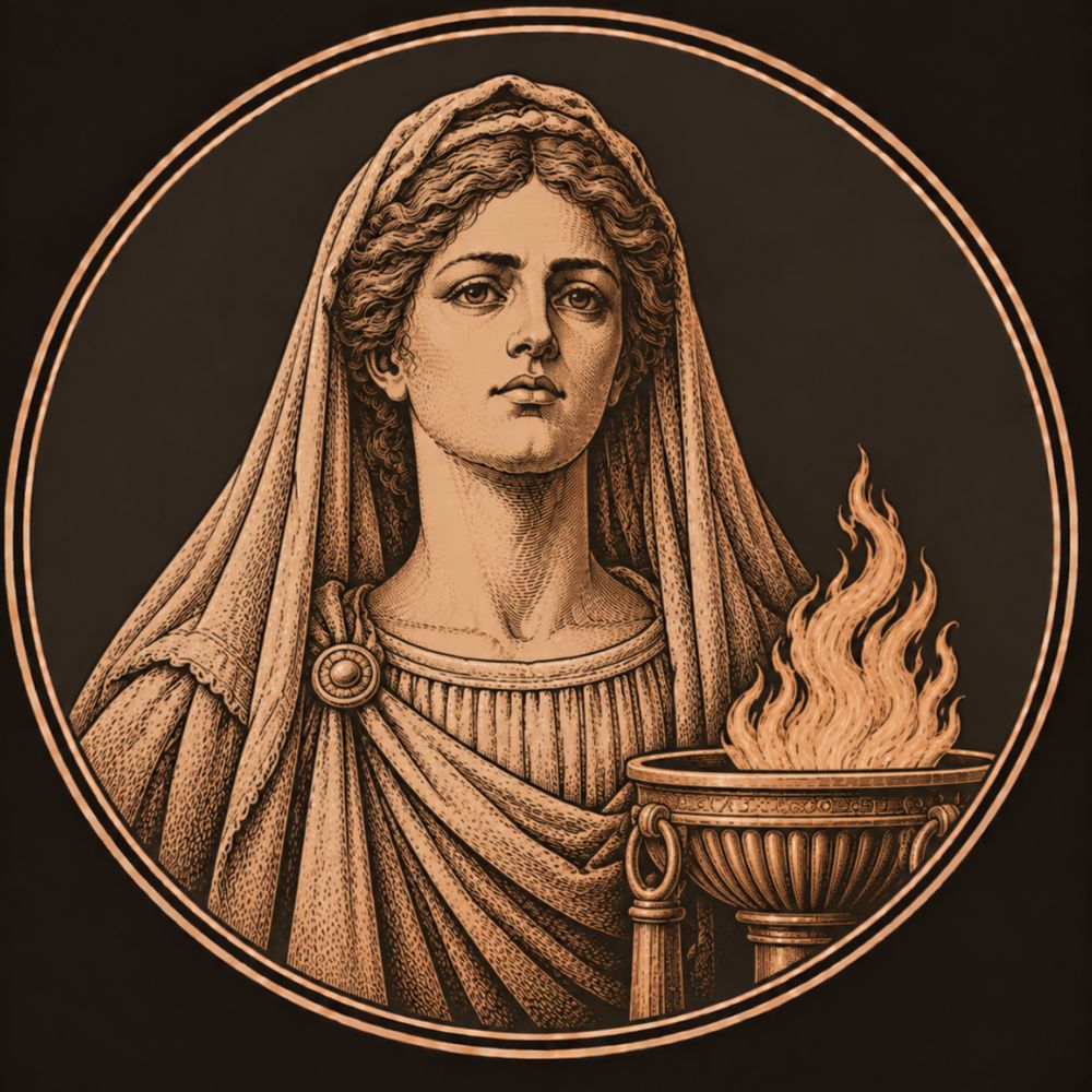 Engraved bronze medallion of Vesta, a calm veiled young woman in a stola, beside a flame burning in a round bronze hearth bowl