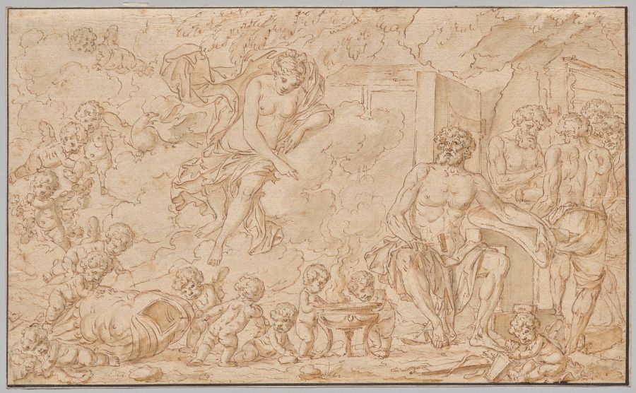 Venus at the Forge of Vulcan. France, 18th century, Pen and brown ink, and brown wash (bistre) with red chalk and traces of graphite