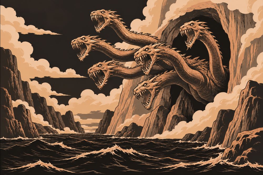 A many-necked monster with six snaking necks and gaping heads reaches out from a dark cave in a smooth cloud-wrapped cliff above the sea