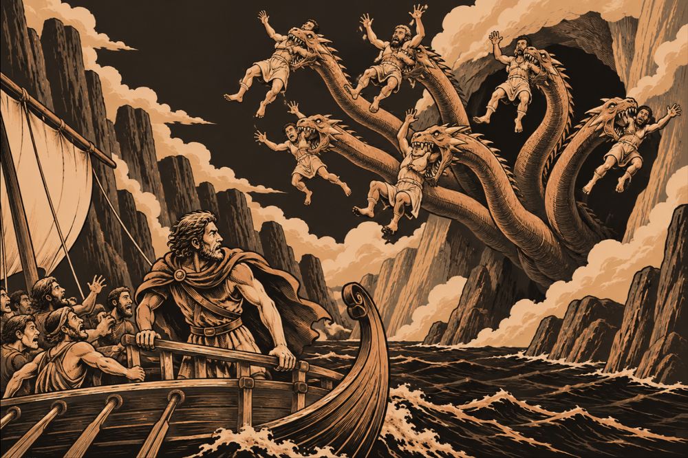 A man on a rowing ship turns to look back as six crewmen are lifted by monstrous heads high above the deck near a steep cliff