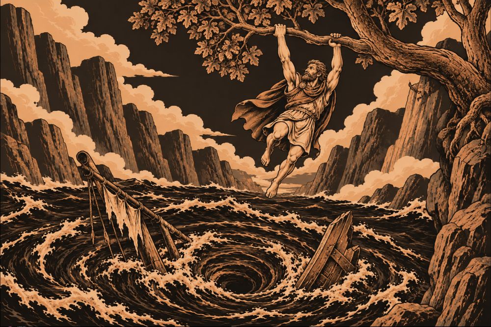 A man hangs from the branches of a wild fig tree over a swirling whirlpool with a broken mast and keel floating below him
