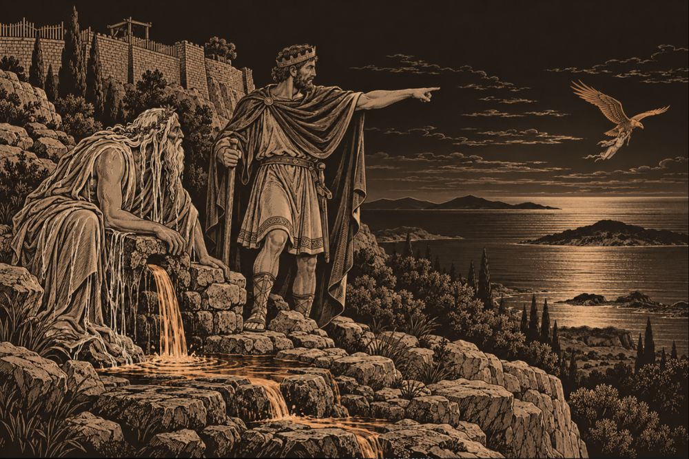 On a rocky height above the sea, crowned Sisyphus points out over the water for the old river god Asopus, whose hair streams with water; a spring flows at their feet and an eagle flies off