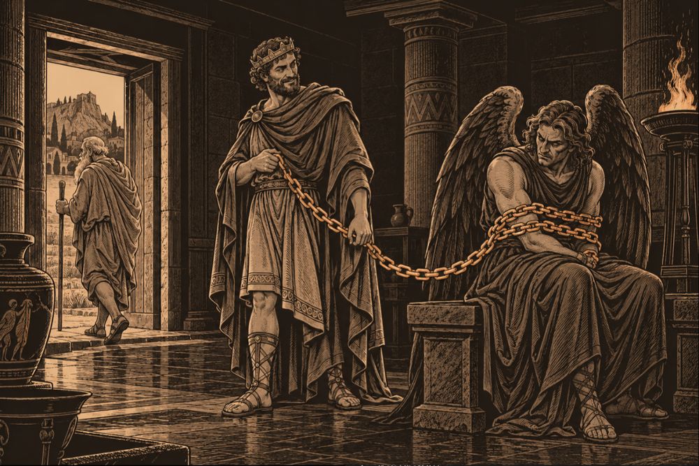 In a dim stone hall in Corinth, the winged figure of Death sits bound in chains on a bench while the crowned Sisyphus holds the chain's end; outside an old man walks on unharmed