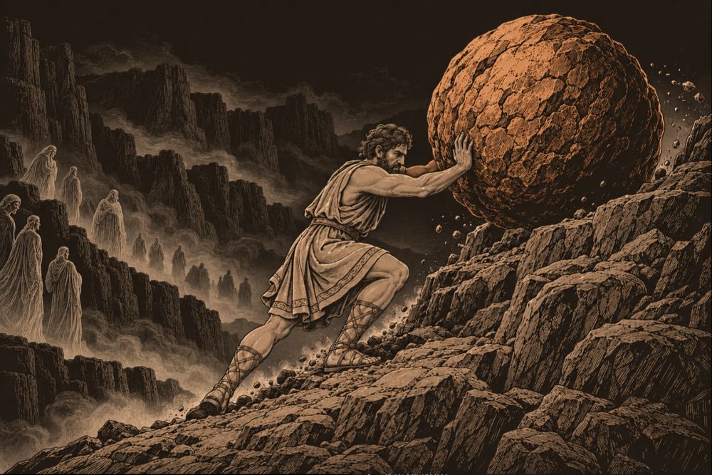 In the misty underworld Sisyphus, in a plain tunic, braces his legs and pushes a huge round boulder up a steep rocky slope while pale shades watch
