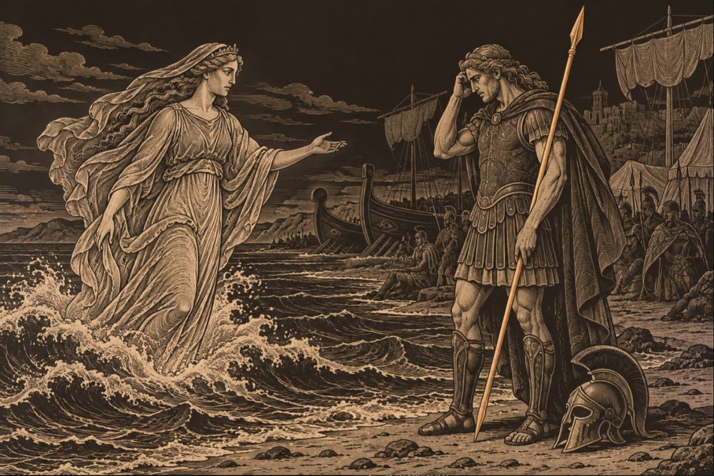 On the beach before the Greek ships, the sea goddess Thetis rises from the waves and speaks to her grieving son Achilles, who stands with his spear, his helmet at his feet