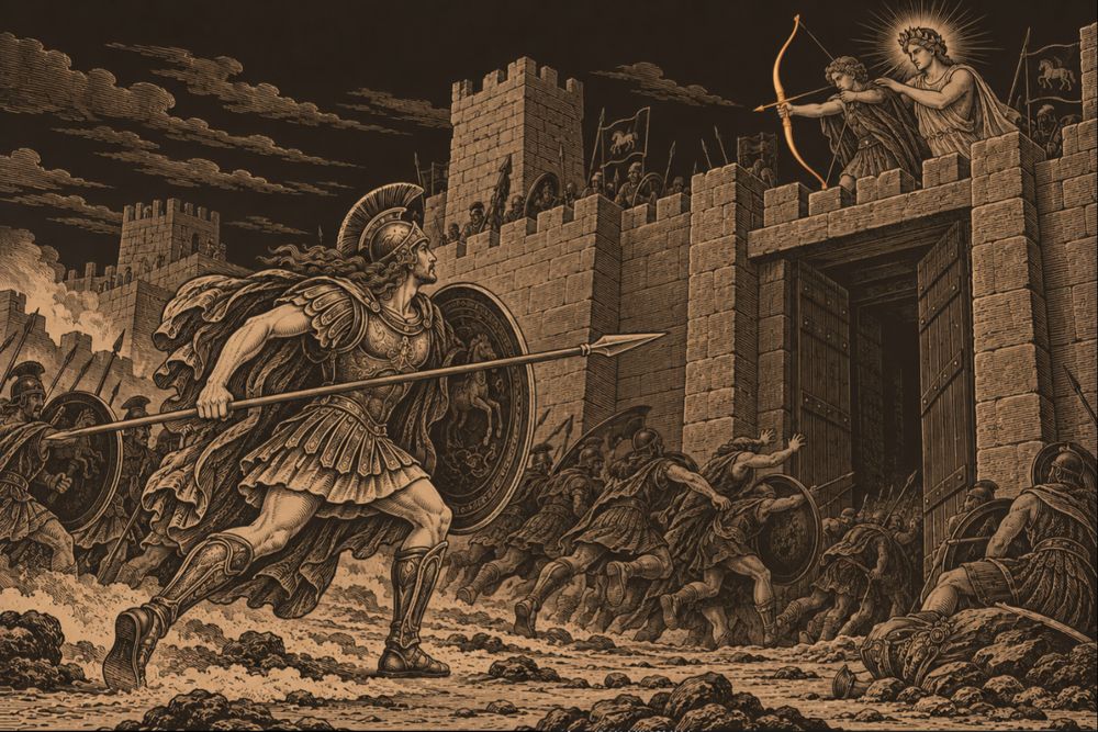 Achilles charges toward the great stone Scaean gate of Troy while above on the wall Paris draws his bow and Apollo, beside him, guides his aim