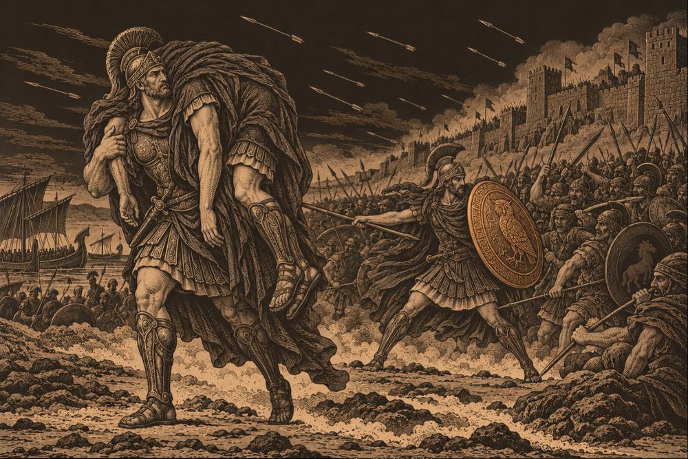 Ajax carries the body of Achilles, wrapped in his cloak, back toward the ships while Odysseus, shield raised, holds off the pursuing Trojans