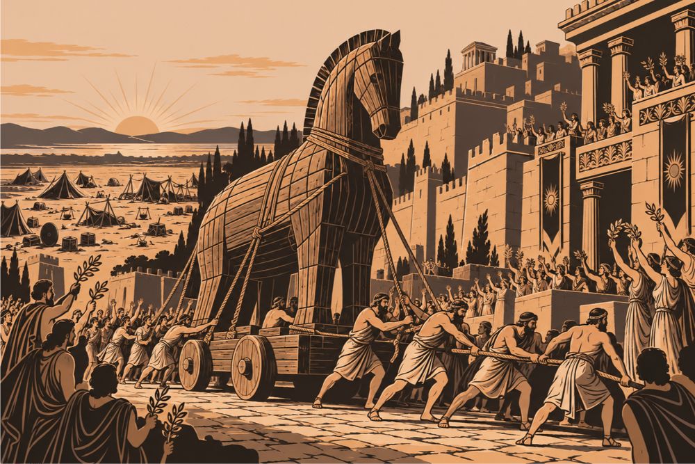 A crowd of Trojans pulls a big wooden horse on ropes through the streets of a walled city at dawn, while the Greek camp beyond the plain stands empty