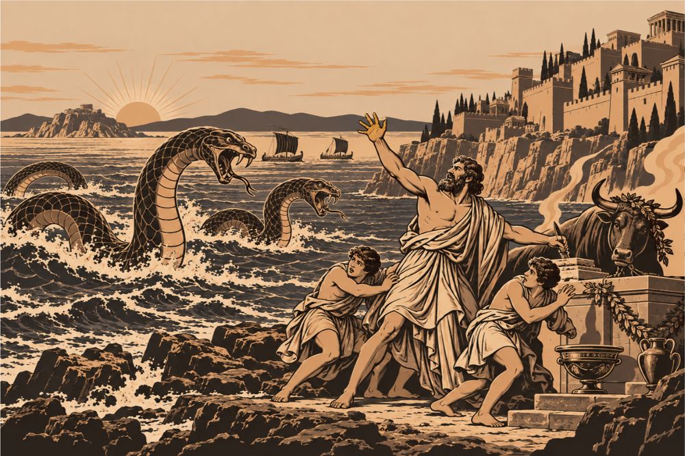 Laocoon stands at a shore altar beside a bull while two serpents swim over the sea toward him and his two sons