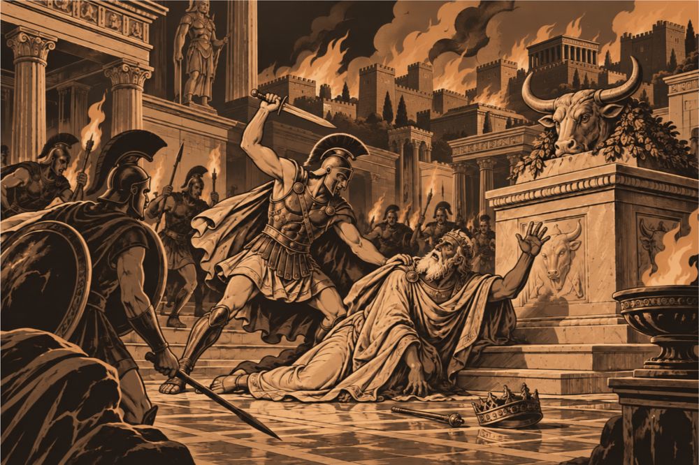 A Greek warrior raises a weapon over the old king Priam at an altar in a palace courtyard lit by fire during the sack of Troy