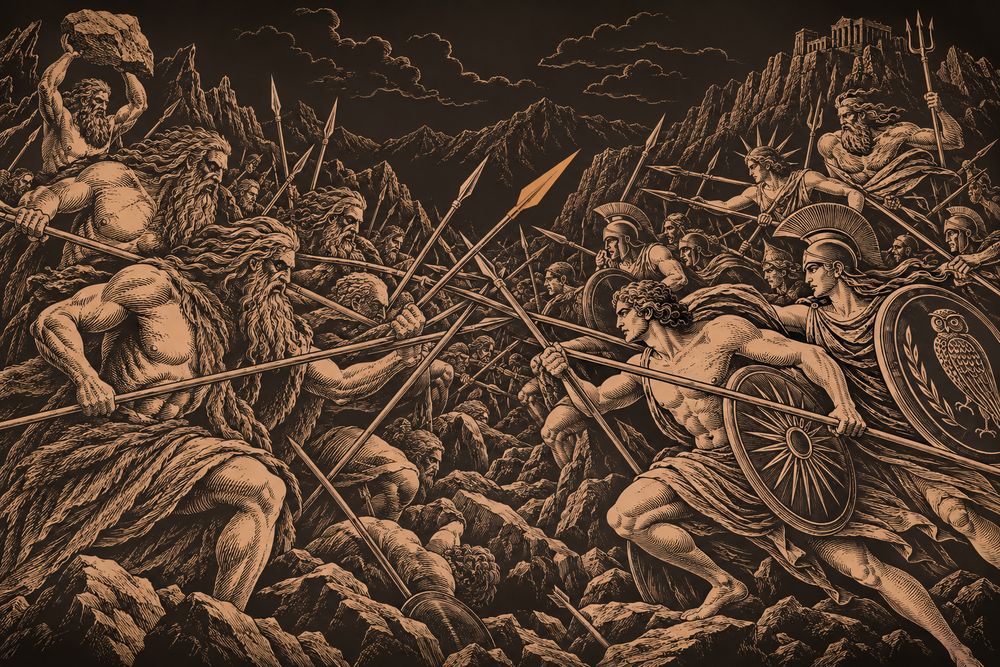 Bearded Titan warriors and younger Olympian gods clash with spears in a ten-year stalemate battle