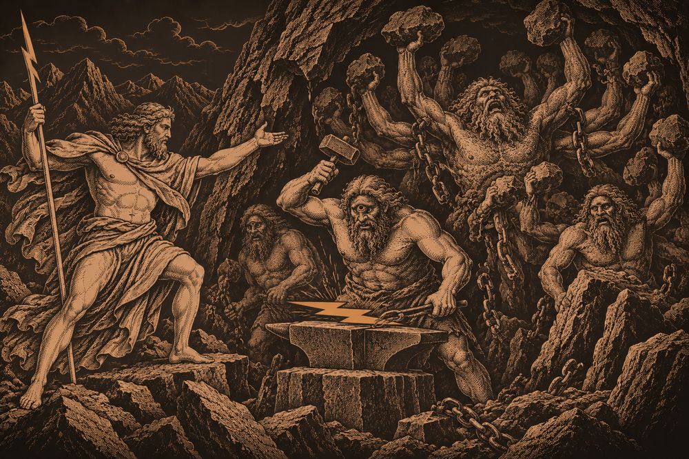 Zeus reaches toward a cave where a Cyclops forges a glowing thunderbolt beside a chained, many-armed Hundred-Hander