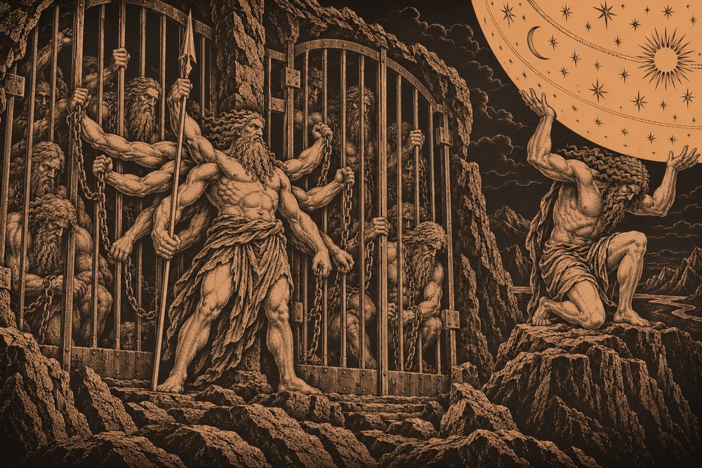 Chained Titans crowd behind bronze gates guarded by a Hundred-Hander, while Atlas kneels apart holding up the starry sky alone