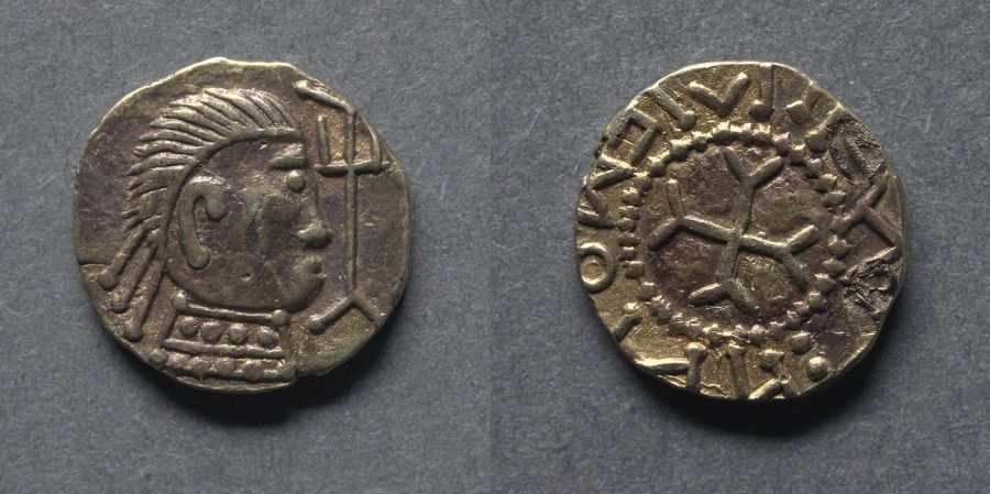 Witmen Tremissis: Bust and Trident (obverse); Cross Fourchée (reverse). England, Anglo-Saxon, early 7th century, early 600s, gold