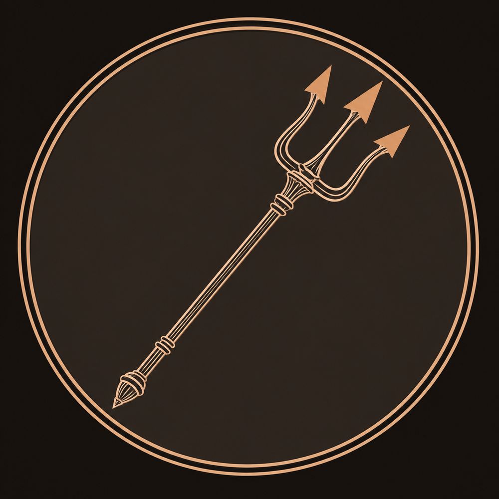 A bronze-engraved trident, the three-pronged spear of Poseidon and Neptune, centered in a circular medallion frame