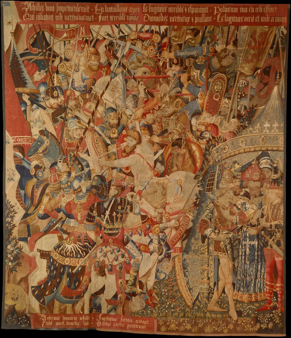 A South Netherlandish tapestry fragment depicting a battle scene and a council at Achilles's tent from the Trojan War, circa 1470-90
