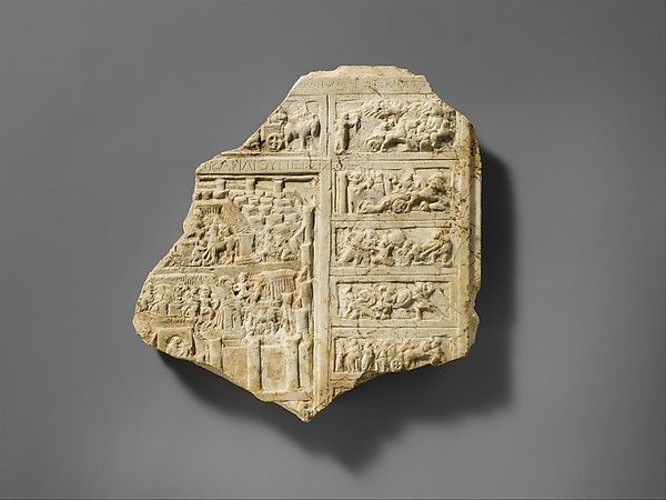 Marble relief fragment with scenes from the Trojan War. Roman, 1st half of 1st century CE, Marble, Palombino